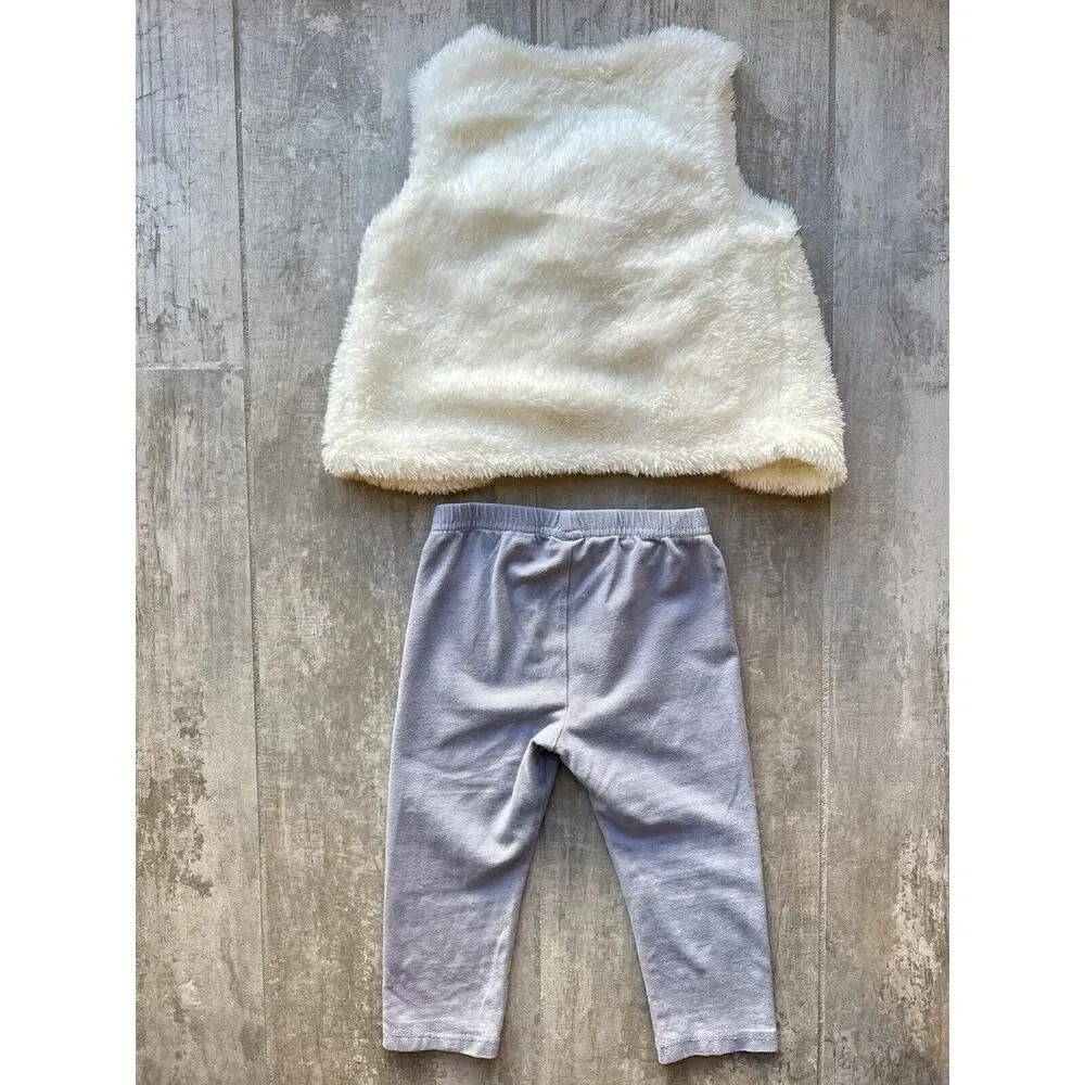 Baby Girl Toddler 2 Piece Outfit Set Lot Faux Fur Vest & Legging Pants Cute 18M